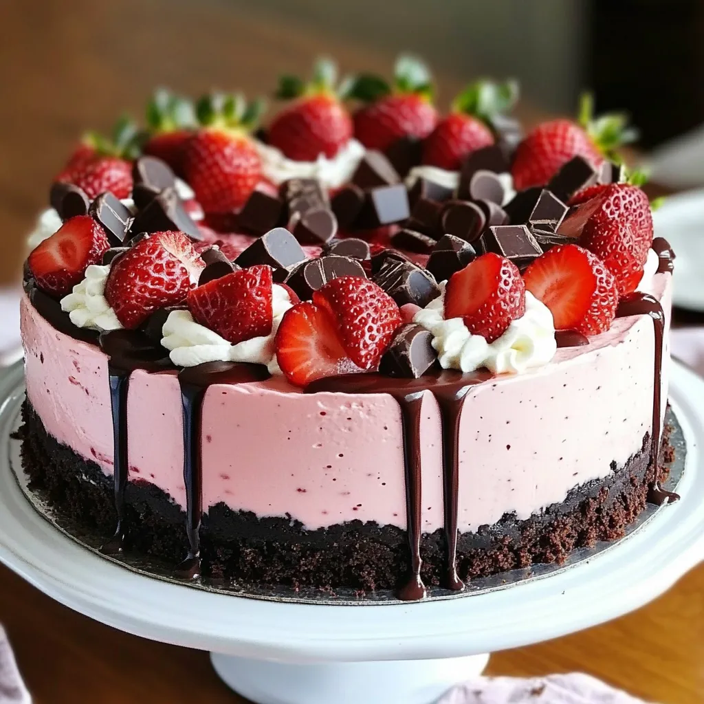 A slice of cake with strawberries and chocolate.