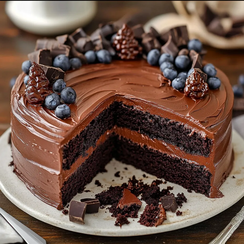 A rich chocolate cake slice topped with fresh blueberries.