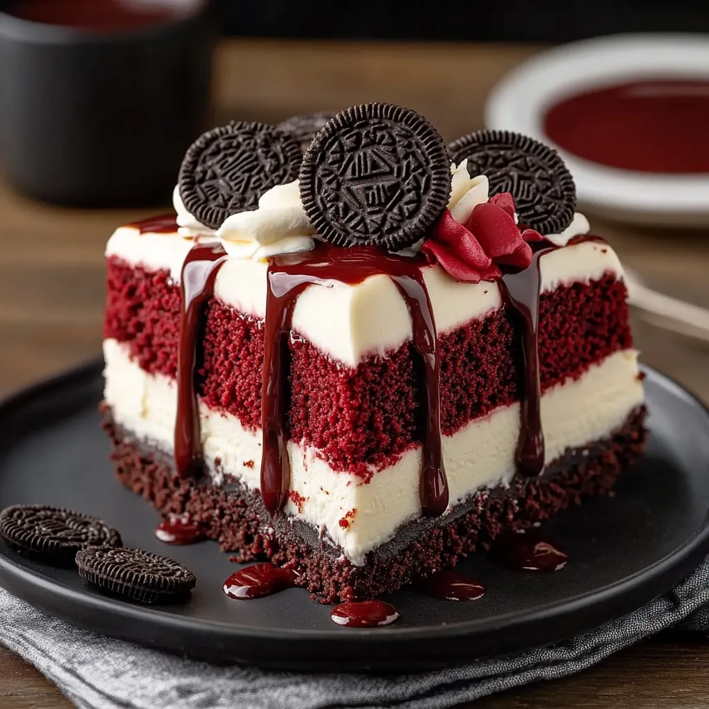 A single slice of velvet cake with white frosting and sprinkled chocolate pieces.