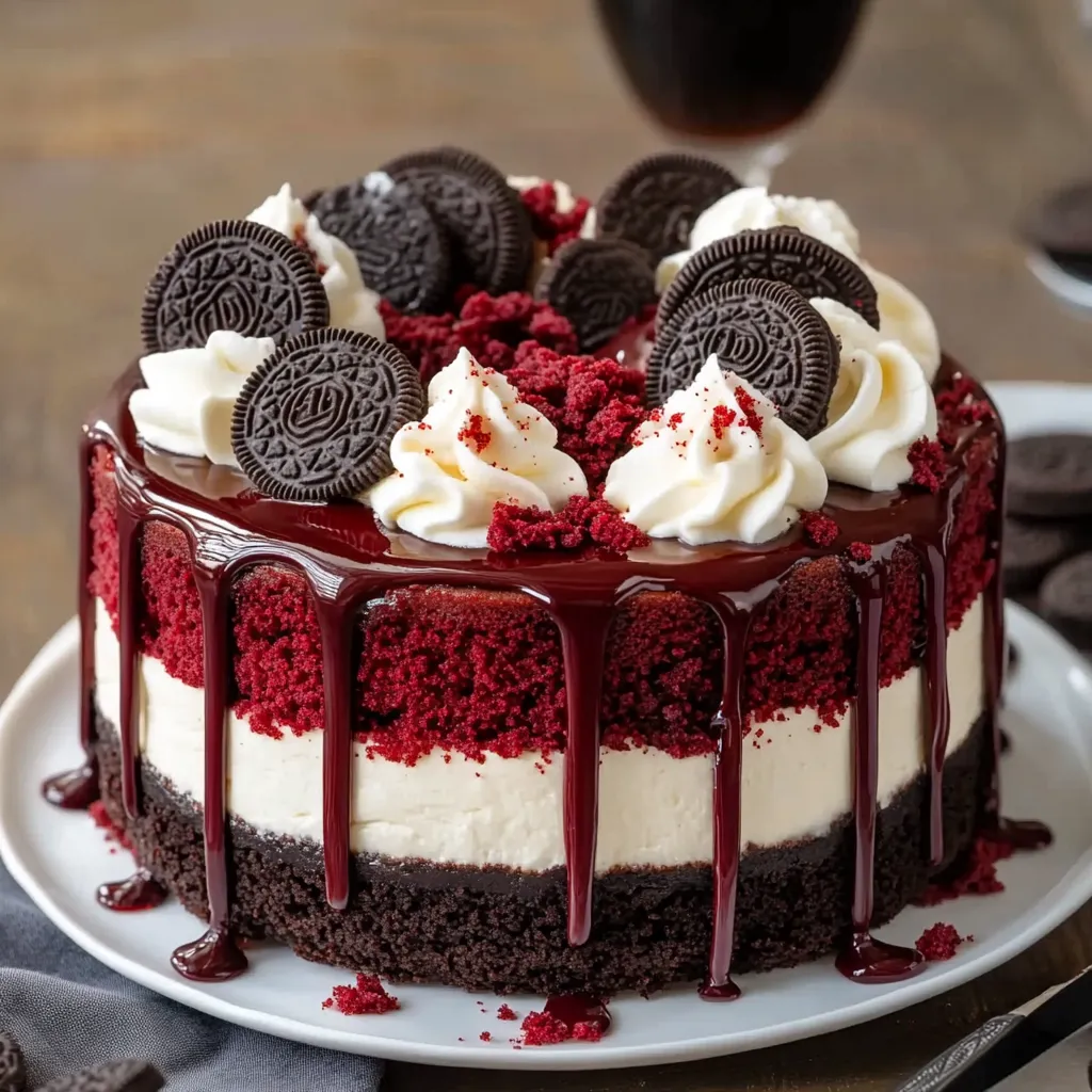 A slice of red velvet cake with white frosting and chocolate drizzle.