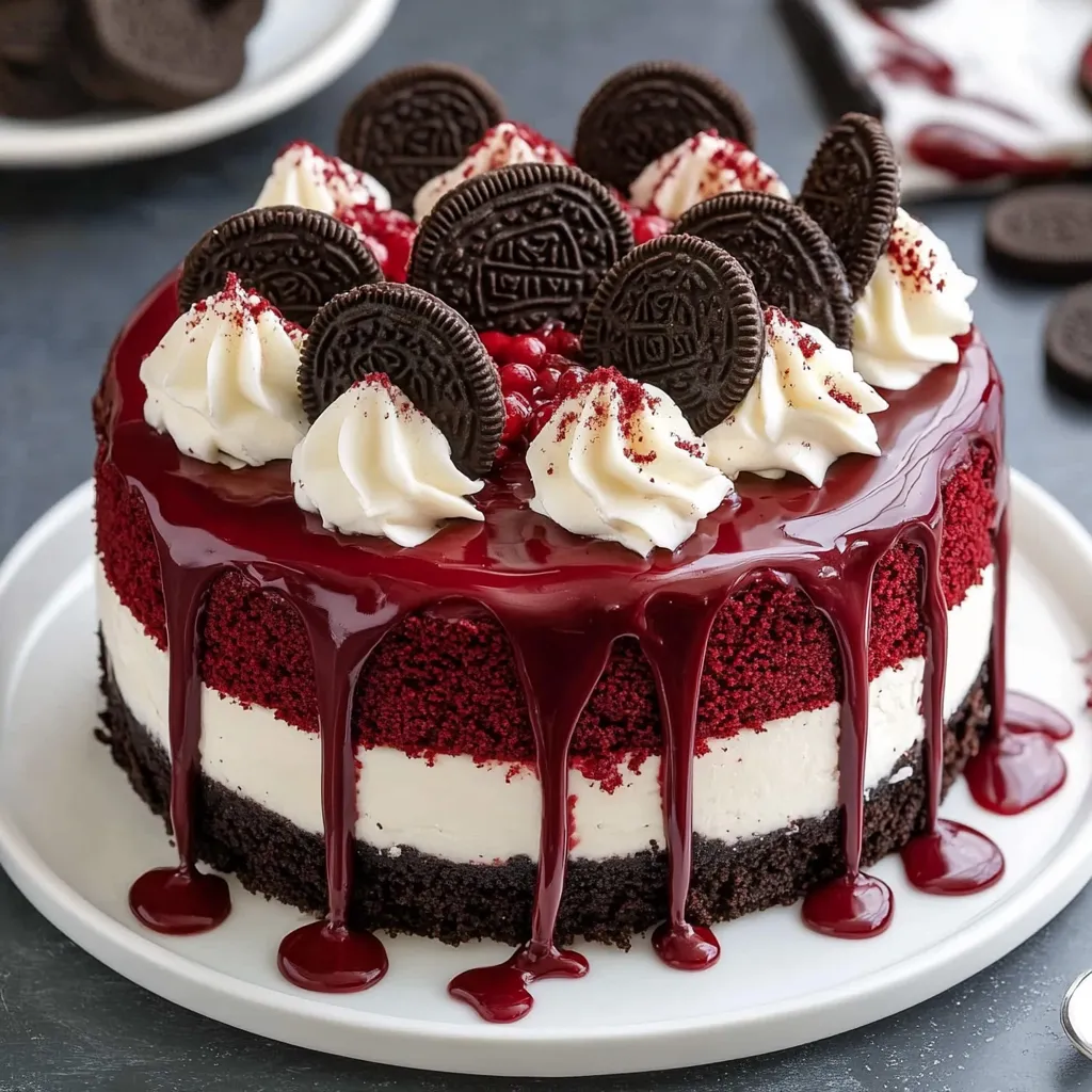 A cake with white and red frosting and chocolate chips.