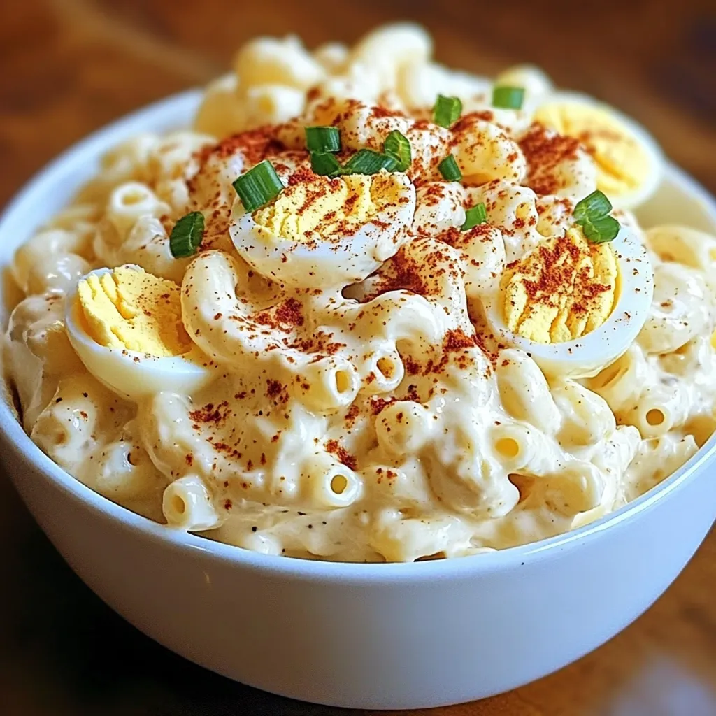 A cozy dish of macaroni and garnished eggs.