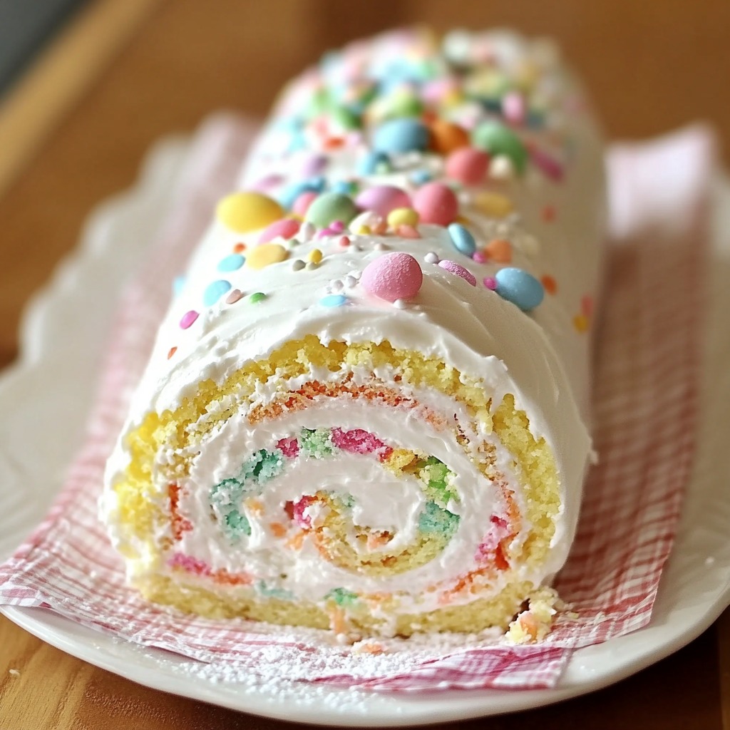 A colorful Easter roll with sprinkles on top.