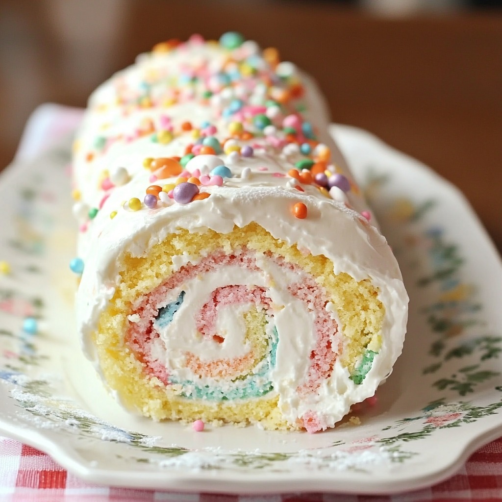 A colorful cake roll on a plate.