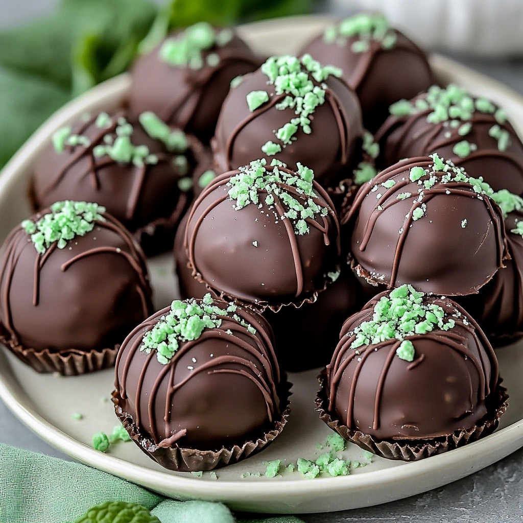 Round chocolate treats topped with green candy bits on a dish.