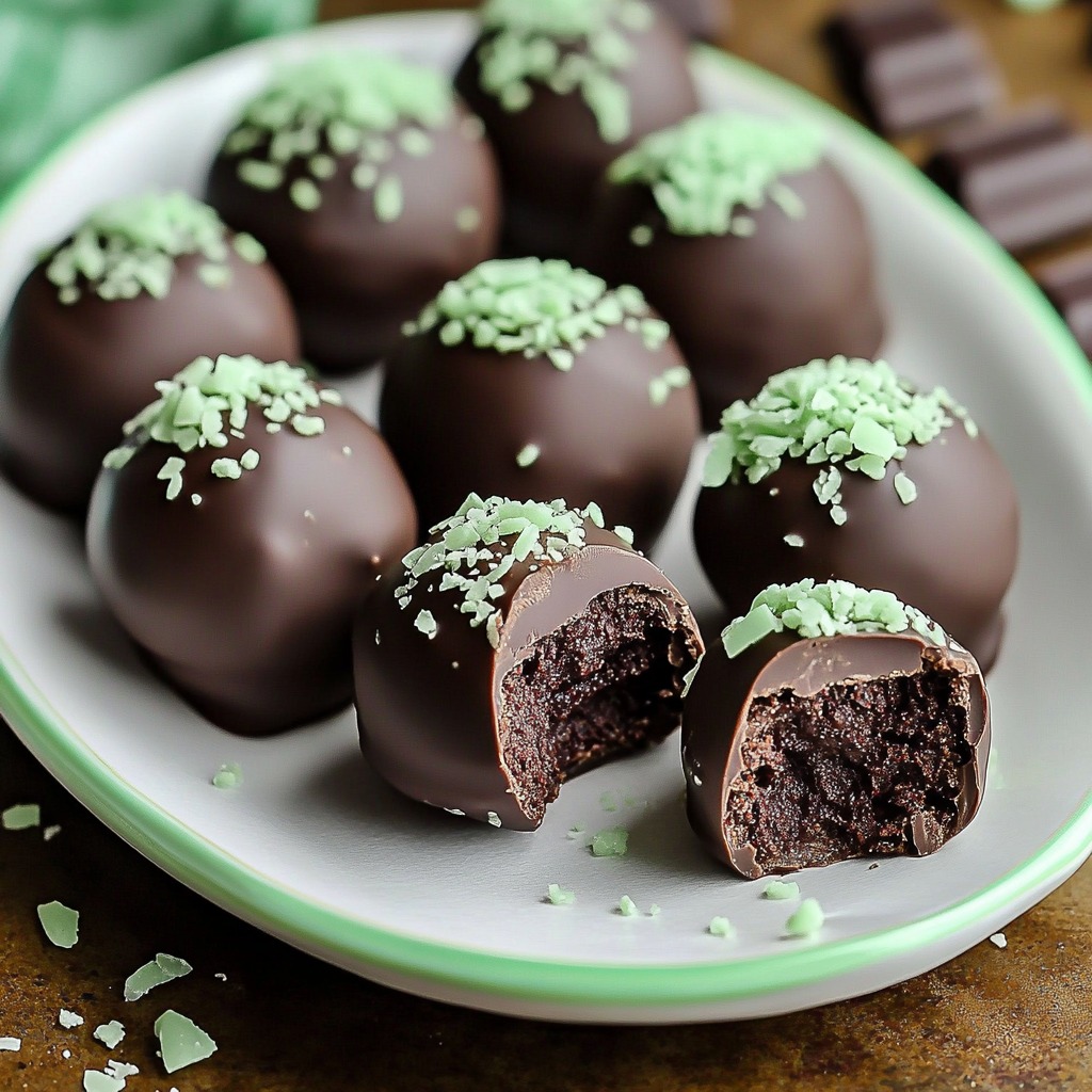 Chocolate balls with green toppings on a plate.