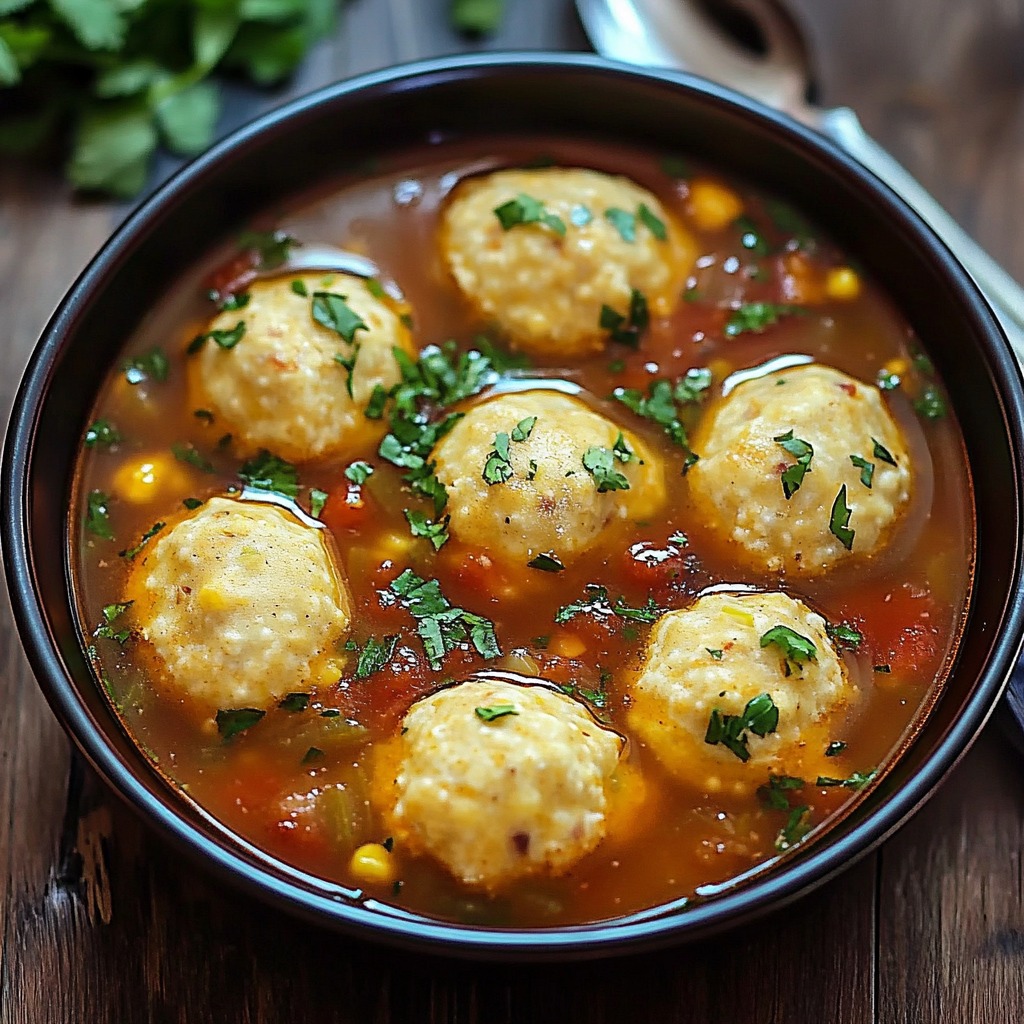 A comforting bowl of tamale soup with masa dumplings.