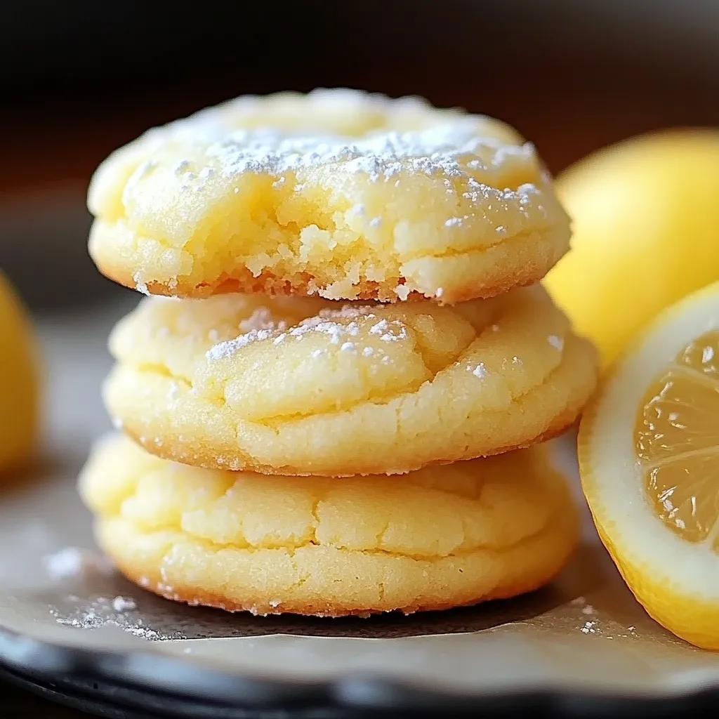 A tower of soft lemon cookies topped with powdered sugar.