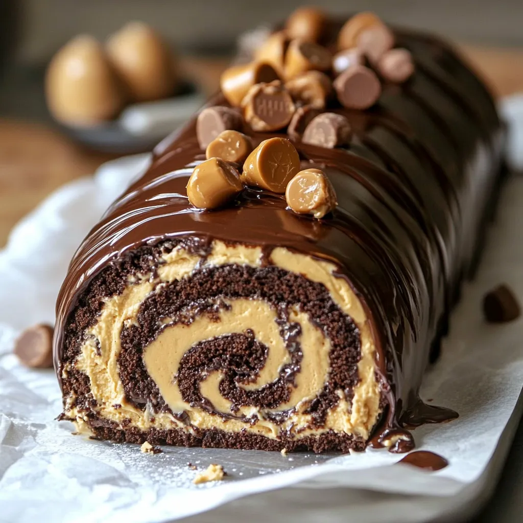 Chocolate cake filled with peanut butter cream and topped with ganache.