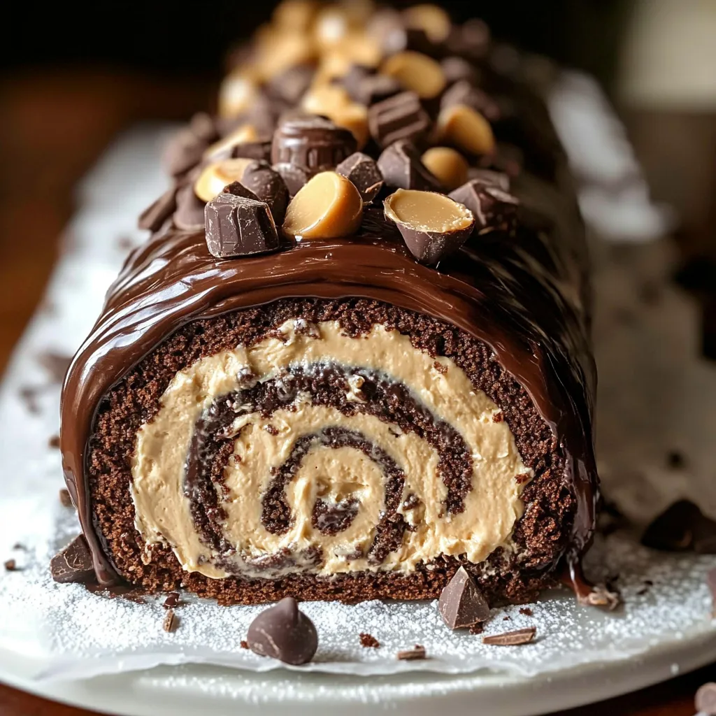 A chocolate cake with peanut butter and chocolate chips.
