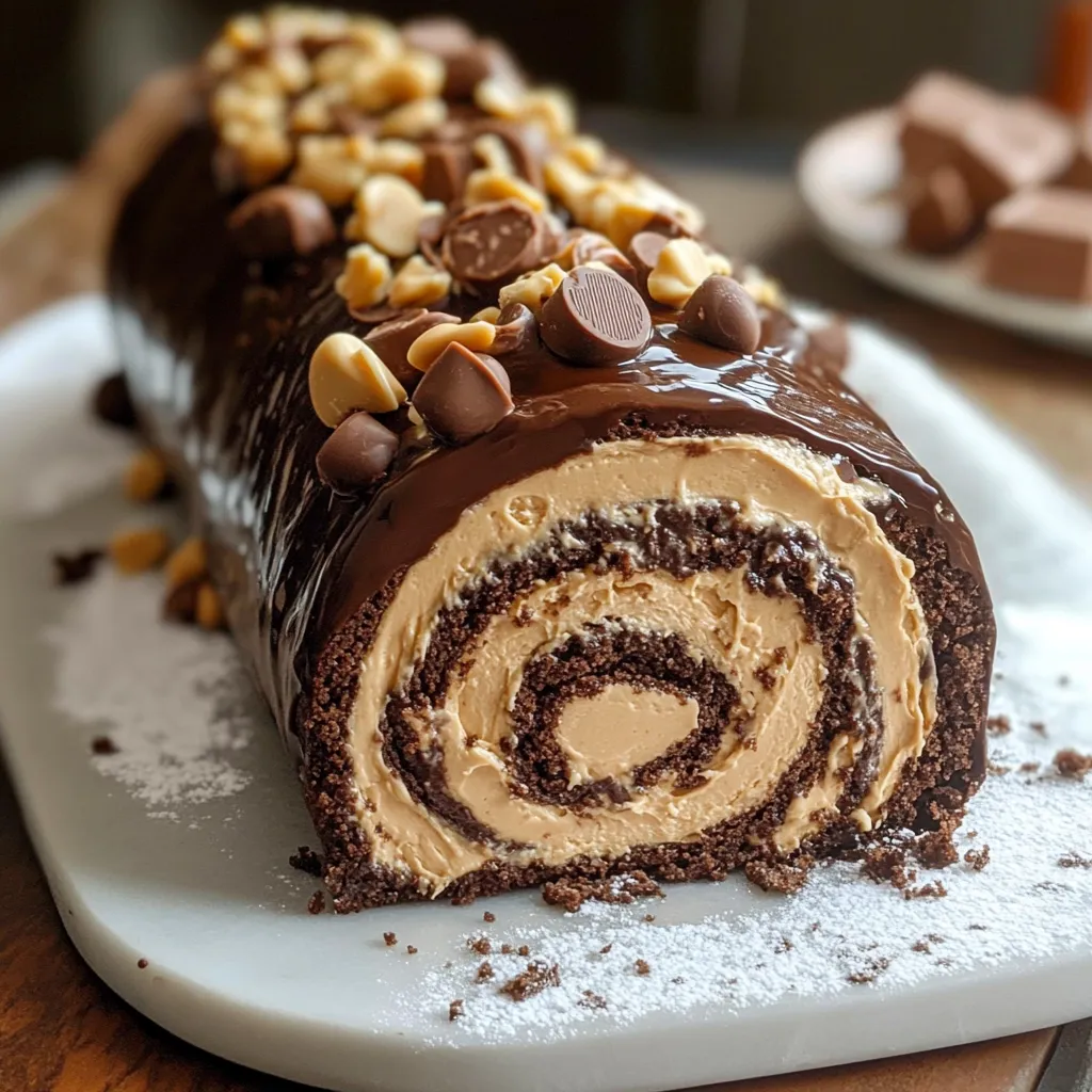 A chocolate cake with peanut butter and chocolate chips.