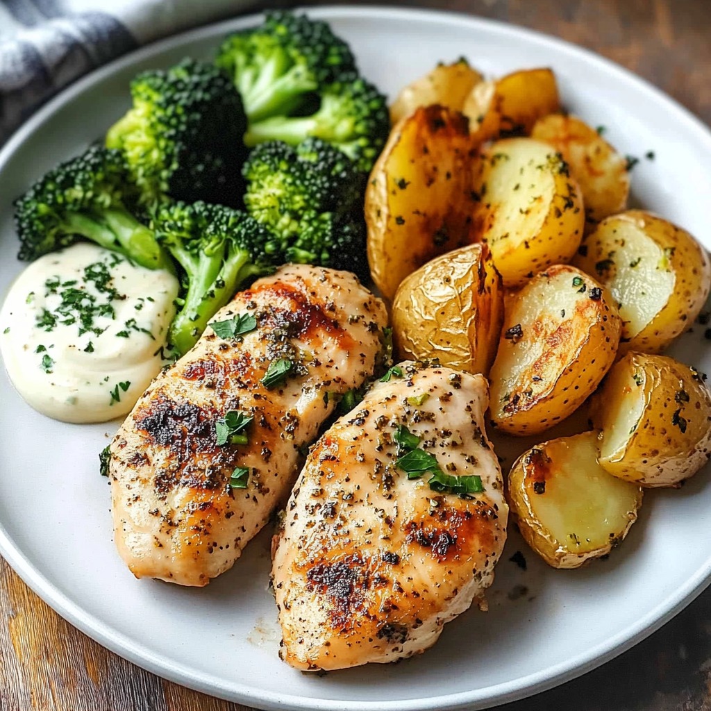 A plate of food with chicken, potatoes and broccoli.