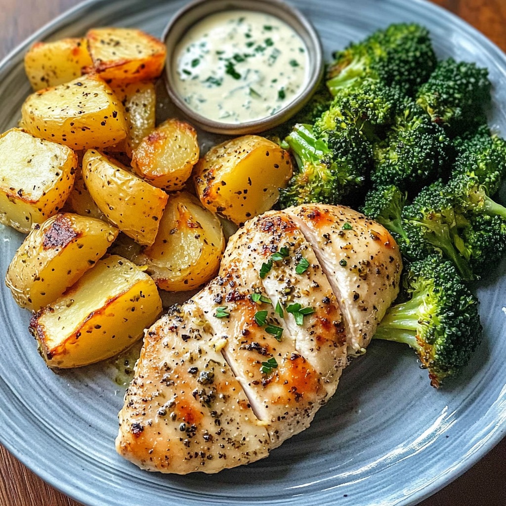 A plate of food with chicken, broccoli, and potatoes.