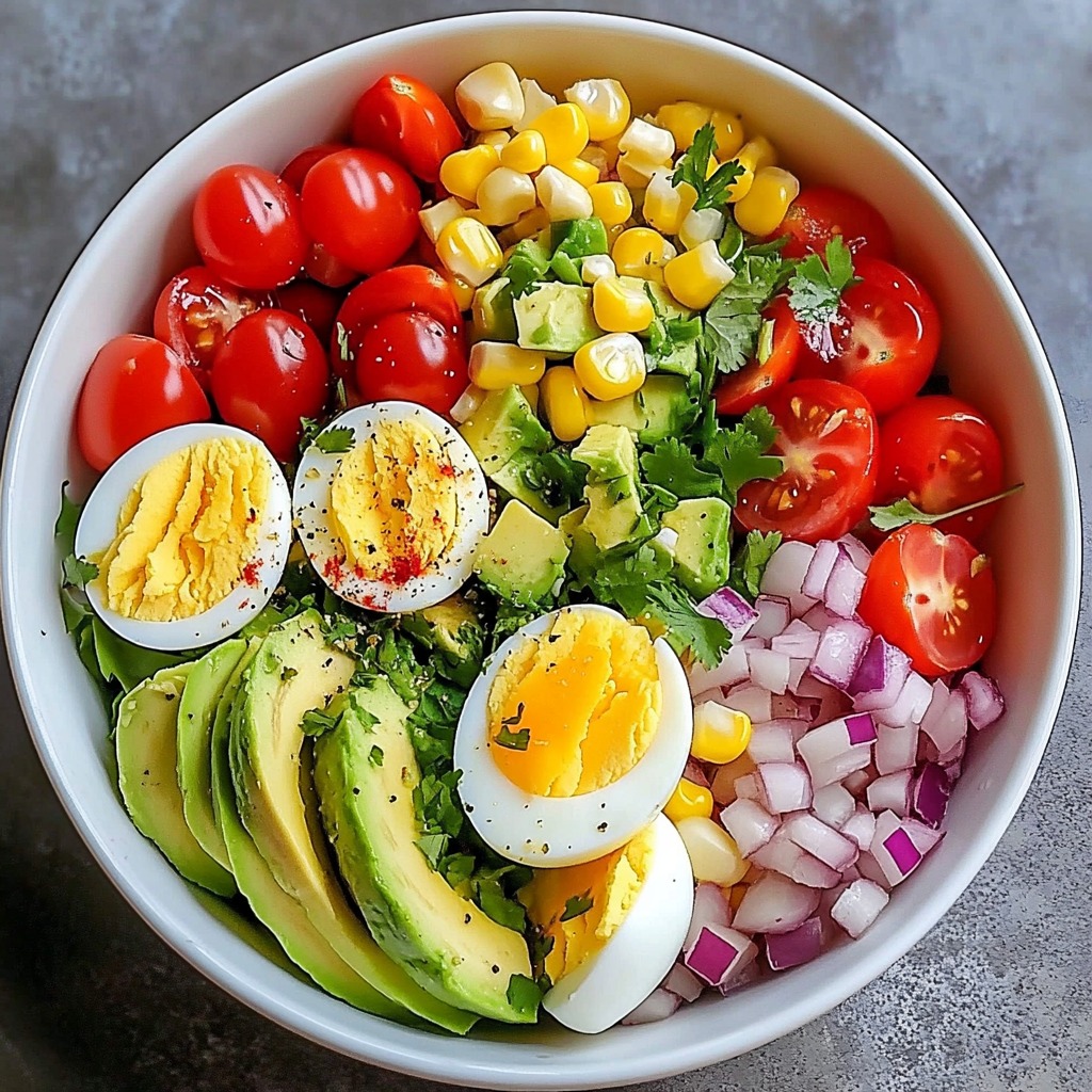 A bowl filled with veggies, eggs, corn, and avocado.