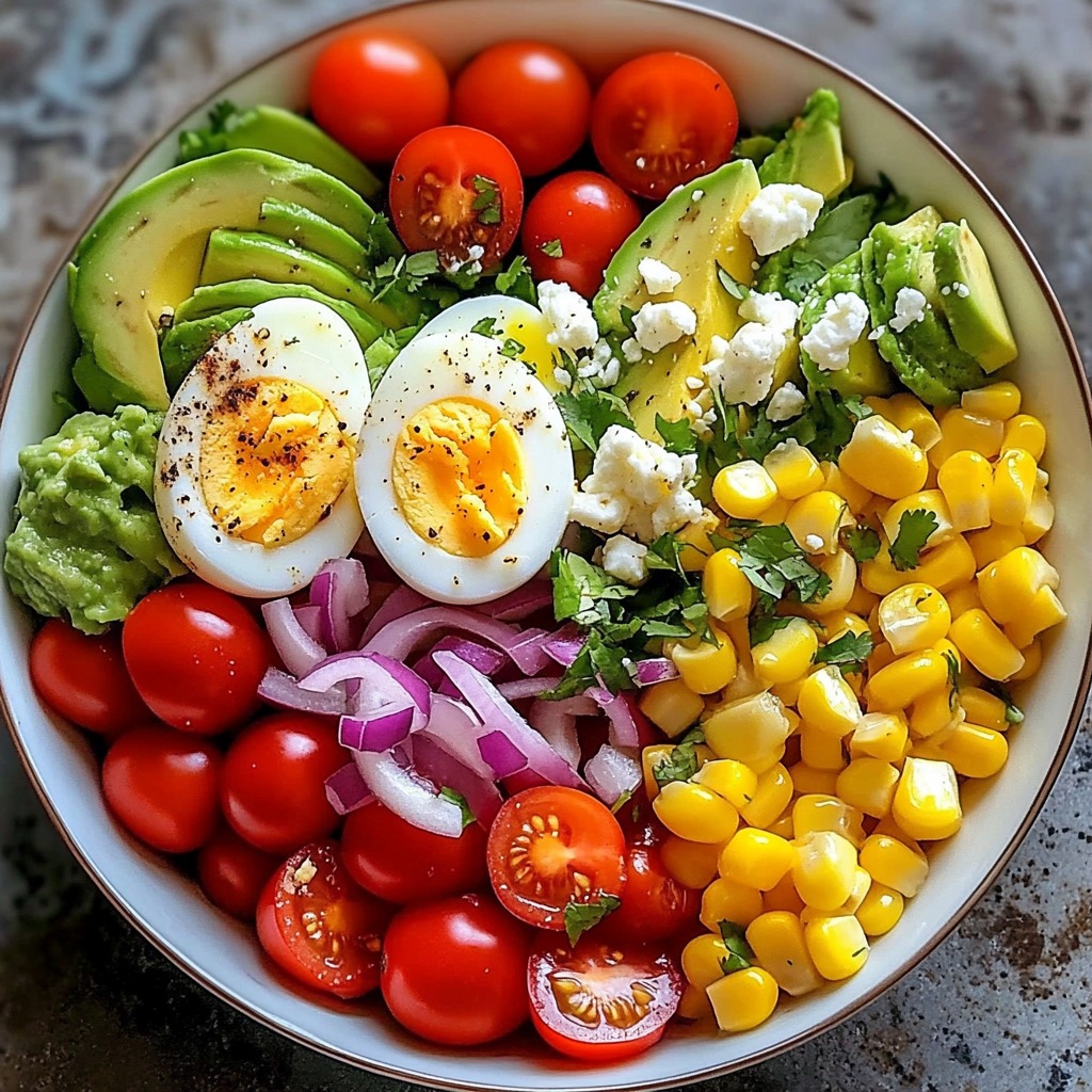 A bowl of food with eggs, tomatoes, corn, and avocado.