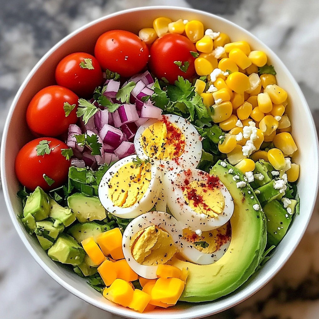 A bowl of food with eggs, tomatoes, corn, and avocado.
