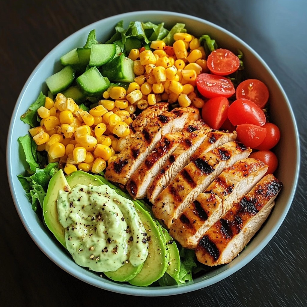 A bowl of food with chicken, corn, tomatoes, and avocado.