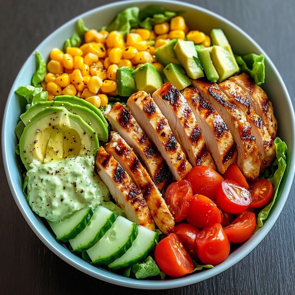 A bowl of food with chicken, tomatoes, corn, and avocado.