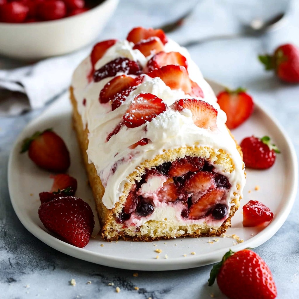 A cake with strawberries and whipped cream on a plate.