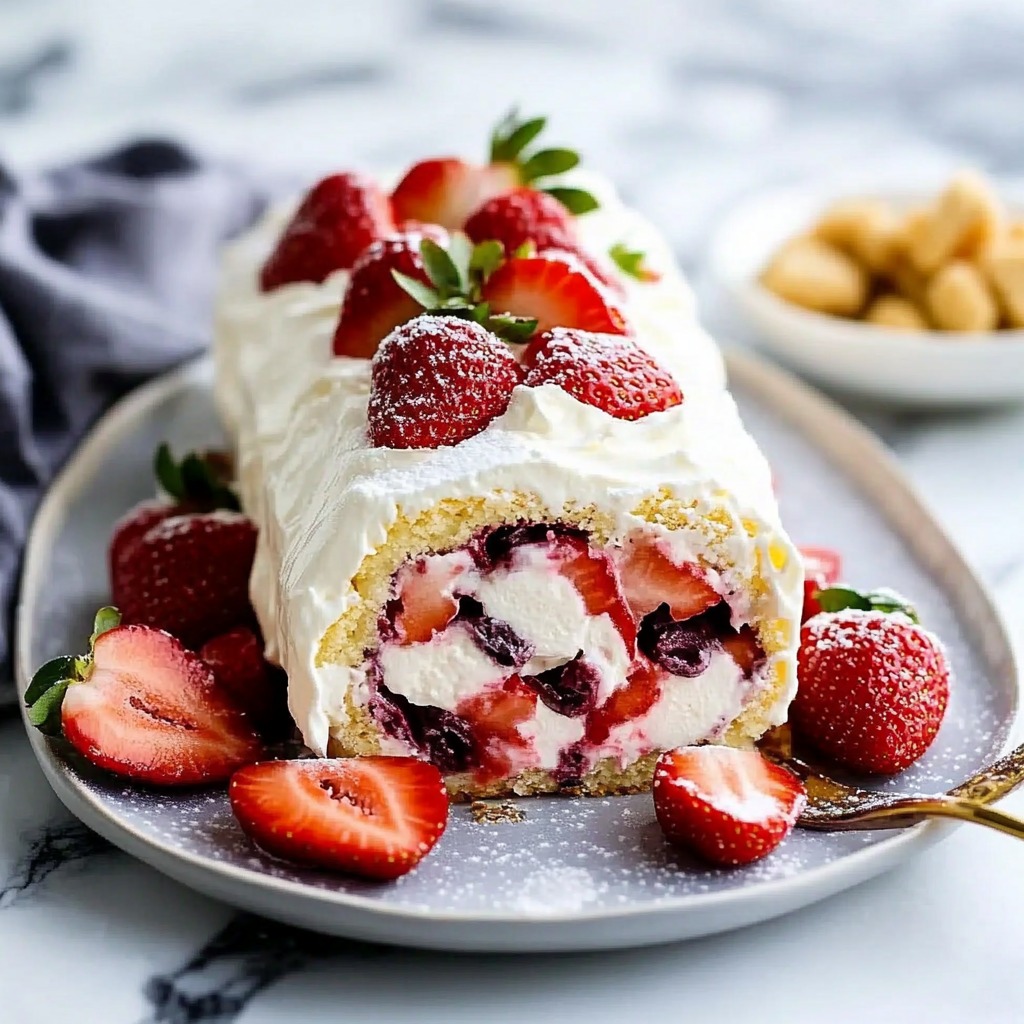 A cake with strawberries and whipped cream on top.