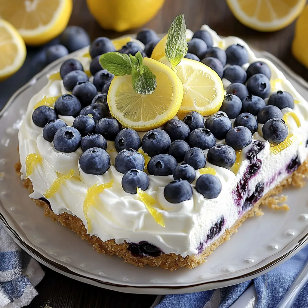 A slice of blueberry lemon cake with lemon wedges on top.