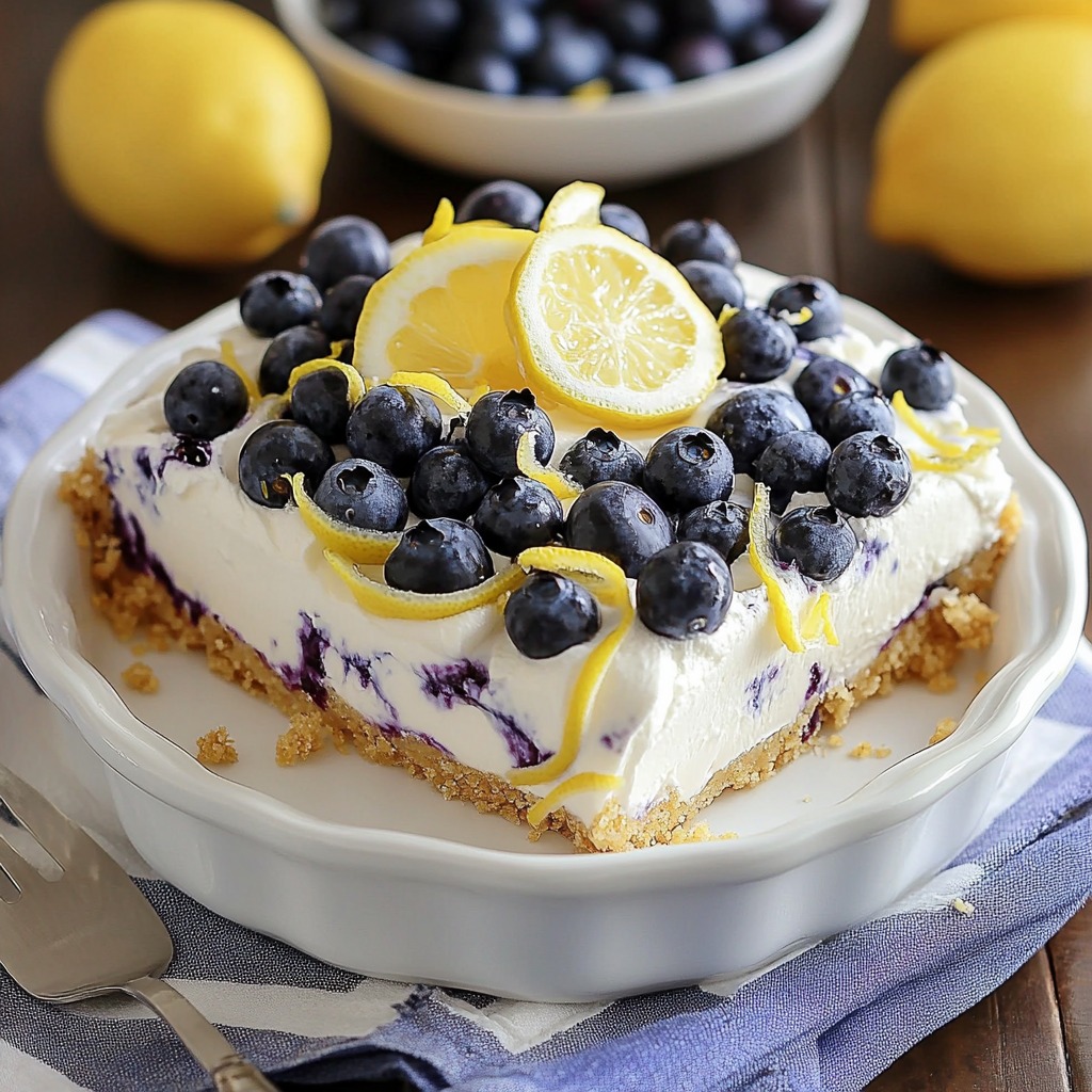 A slice of blueberry lemon cake with a lemon wedge on top.