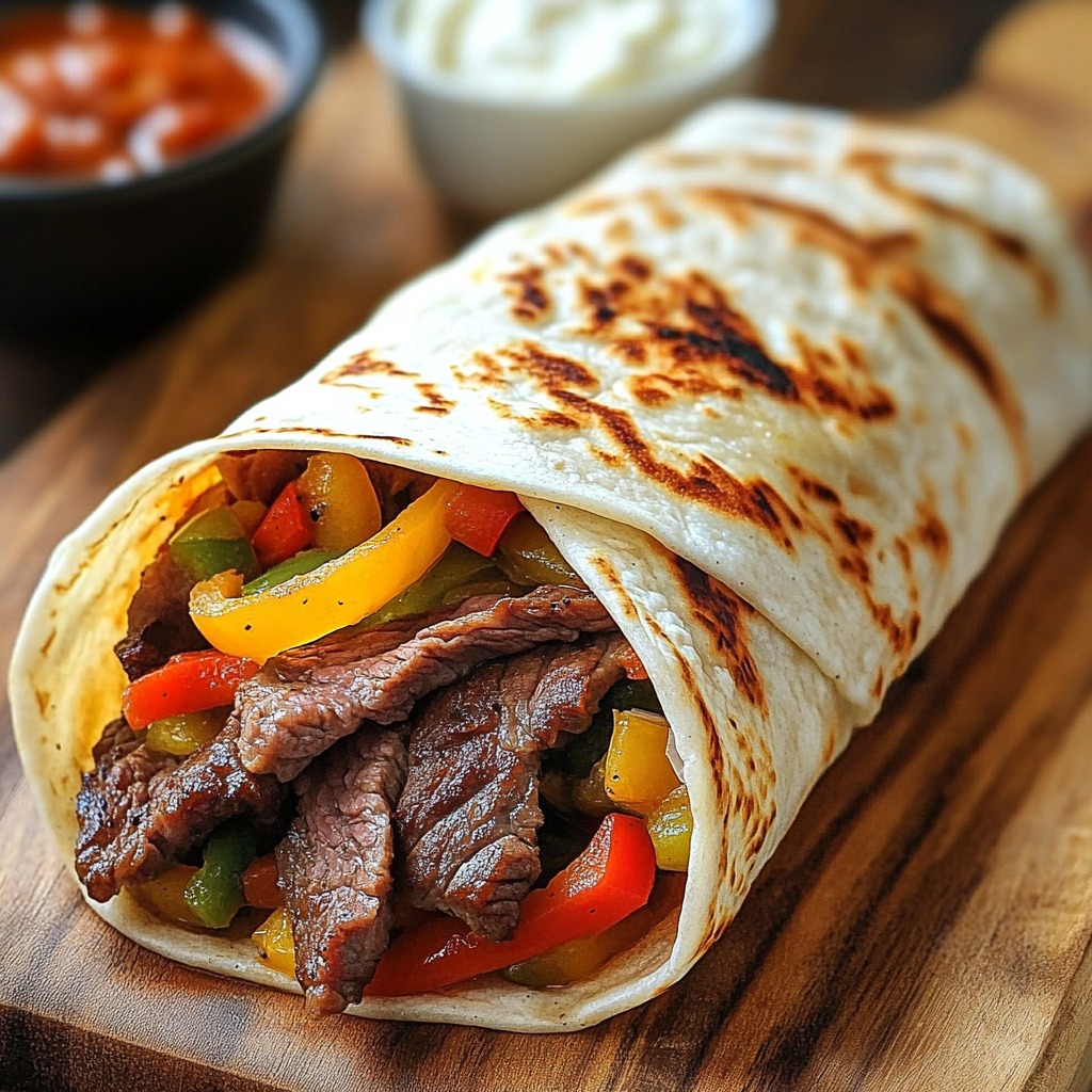 A wrap filled with steak and peppers.