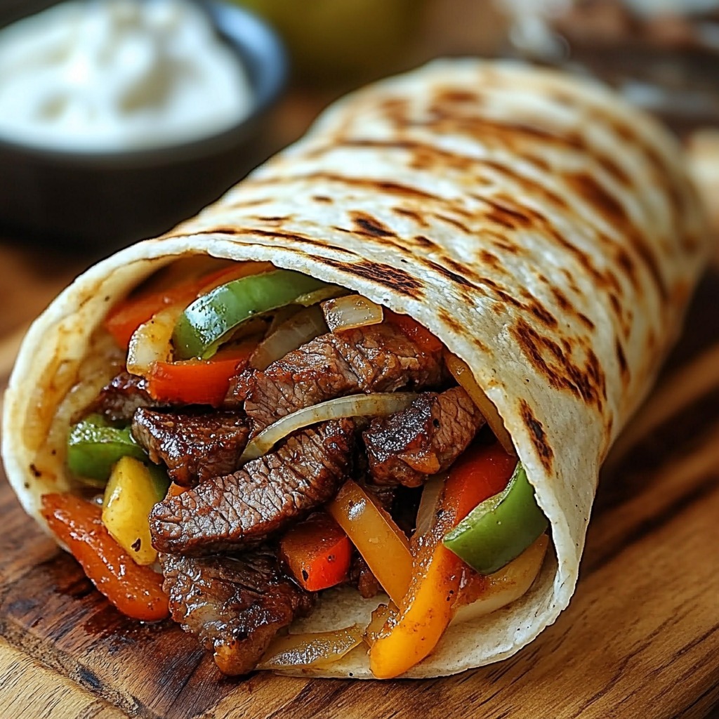 A burrito with meat and peppers.