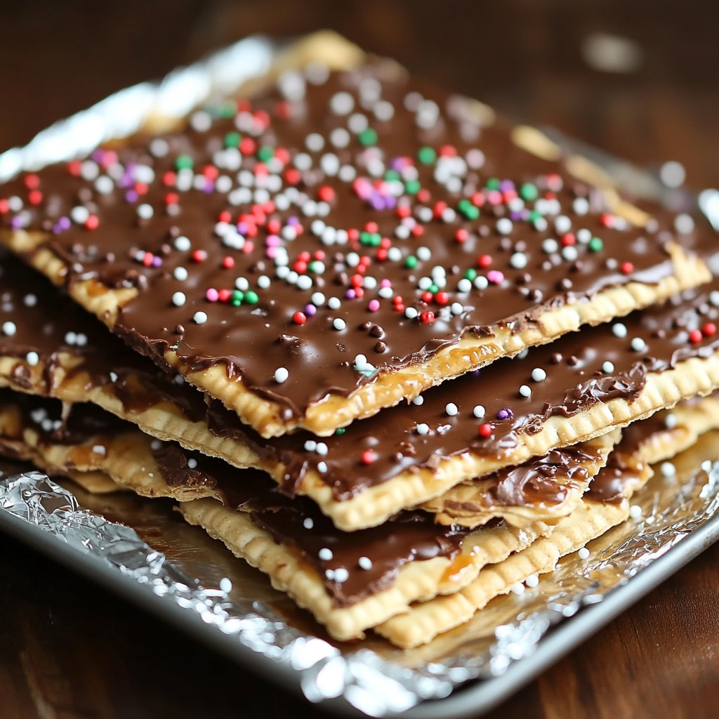 Crackers topped with chocolate and toffee.