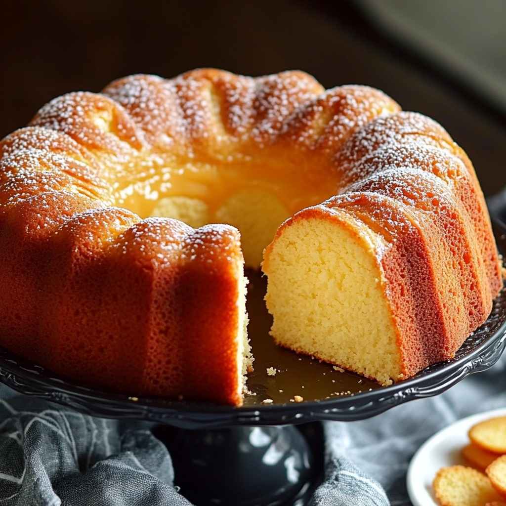 A slice of buttery cake served on a small plate.