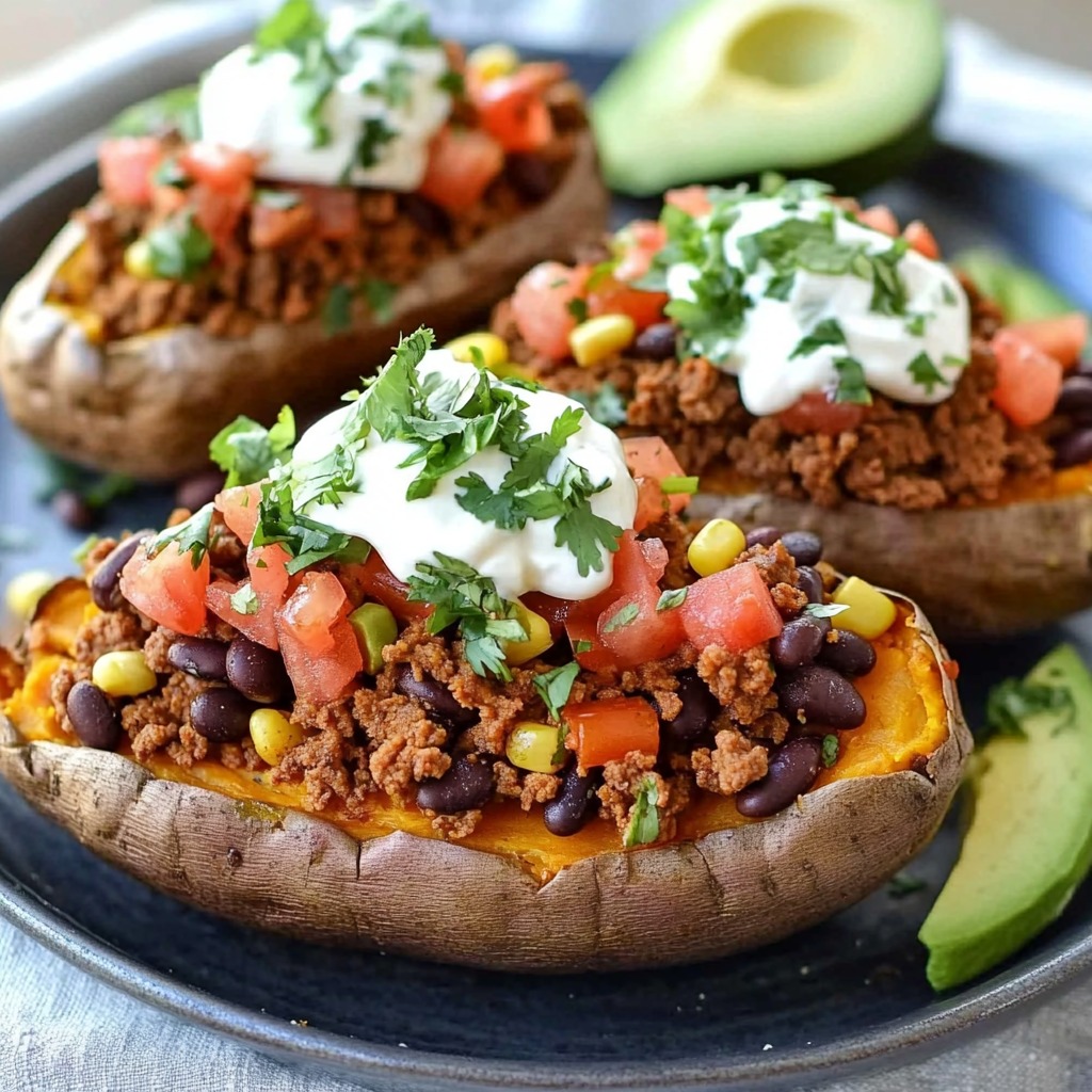 Cut sweet potatoes topped with guacamole and a dollop of sour cream.