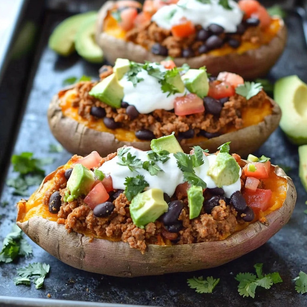 Three baked potatoes with sour cream and guacamole.