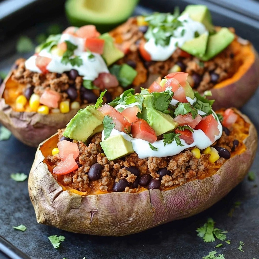 Two sliced baked potatoes with guacamole and sour cream on top.