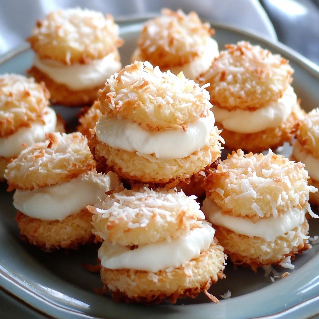 Golden coconut macaroons on a plate.
