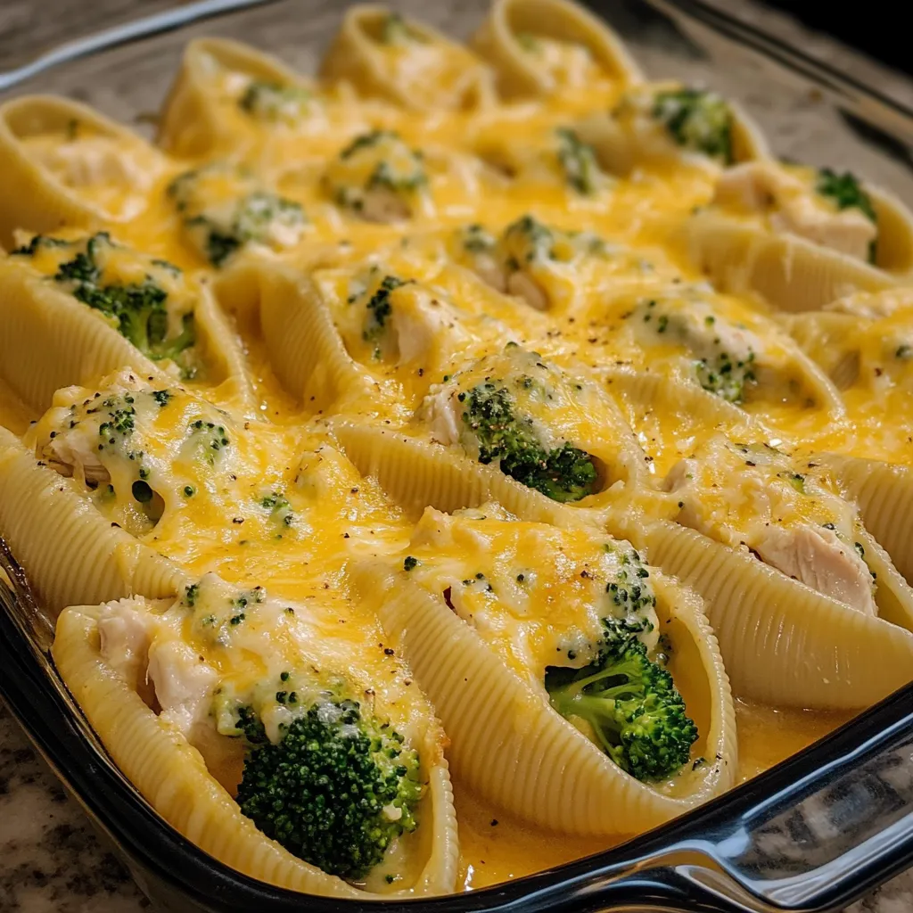 Pasta shells topped with cheese and broccoli in a dish.
