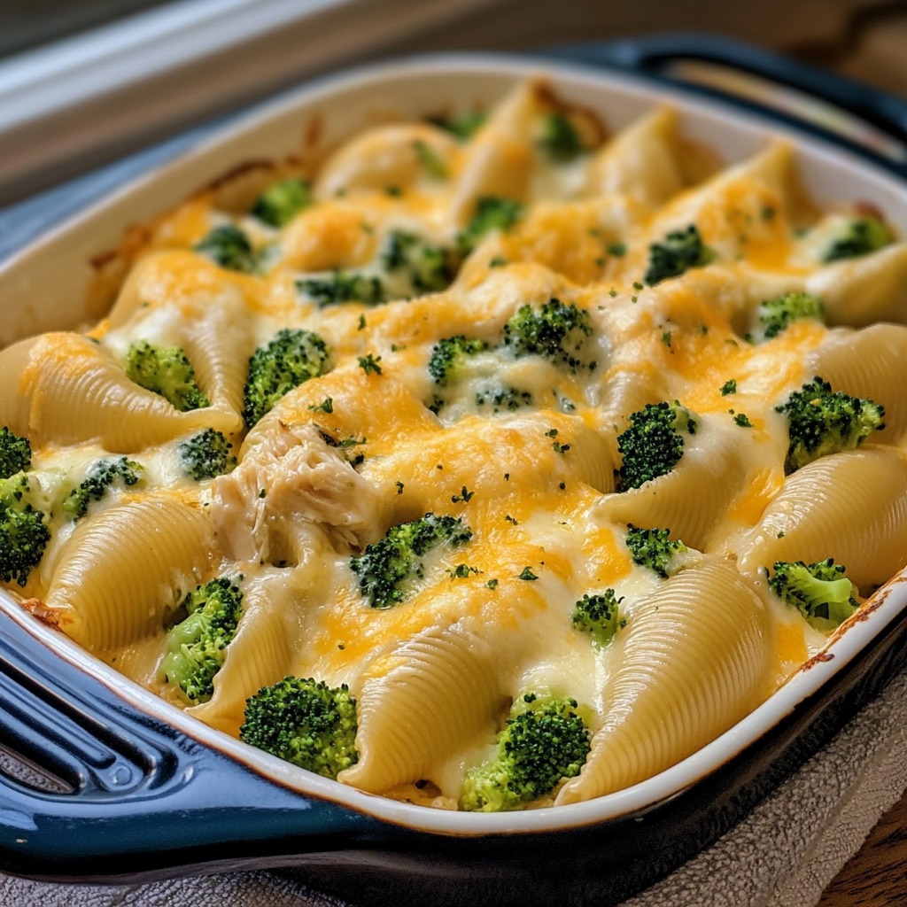 A dish of pasta with broccoli and cheese.