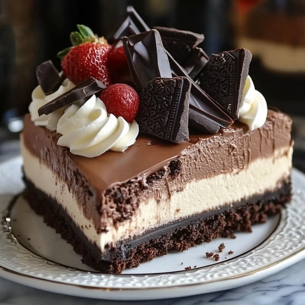 A chocolate cheesecake slice with berries on top.
