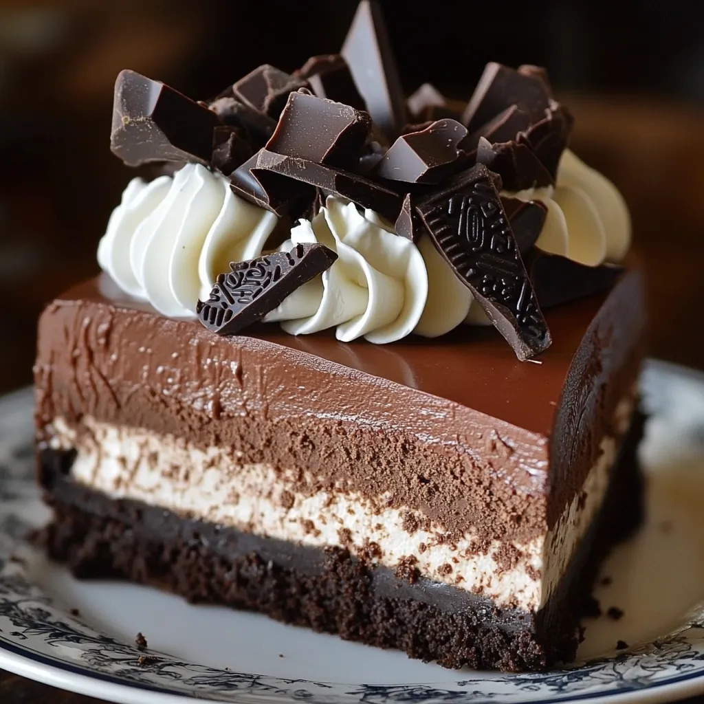 A slice of chocolate cake with white frosting.