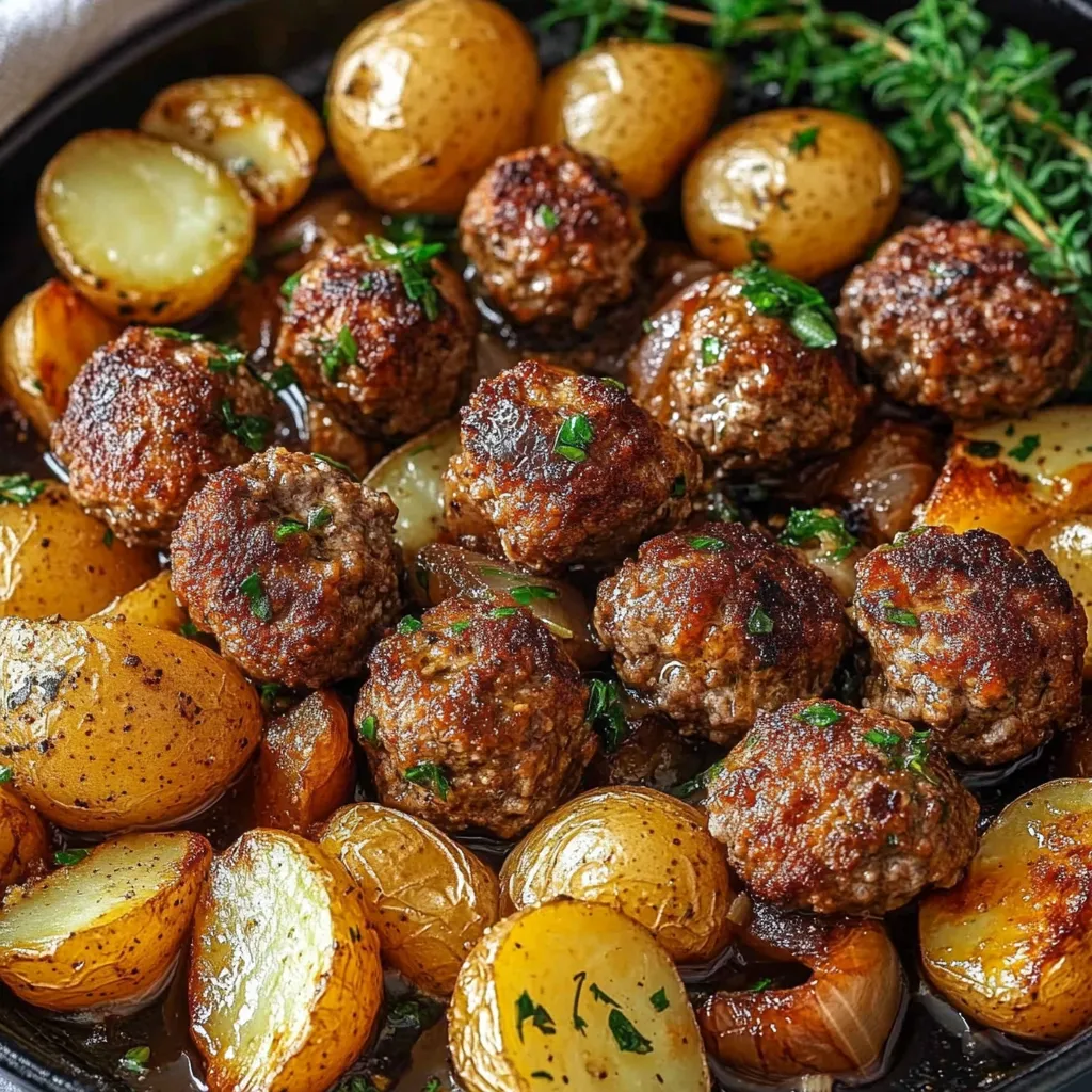 Bowl of flavorful meatballs and potatoes.