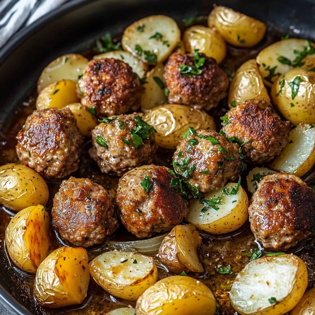 A bowl of meatballs and potatoes.