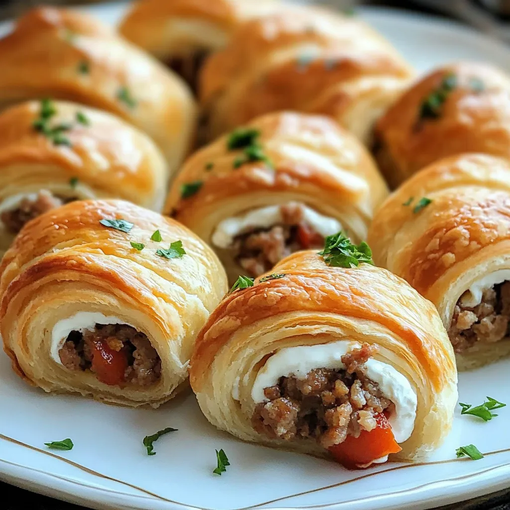 A plate stacked with golden crescent sausage rolls.