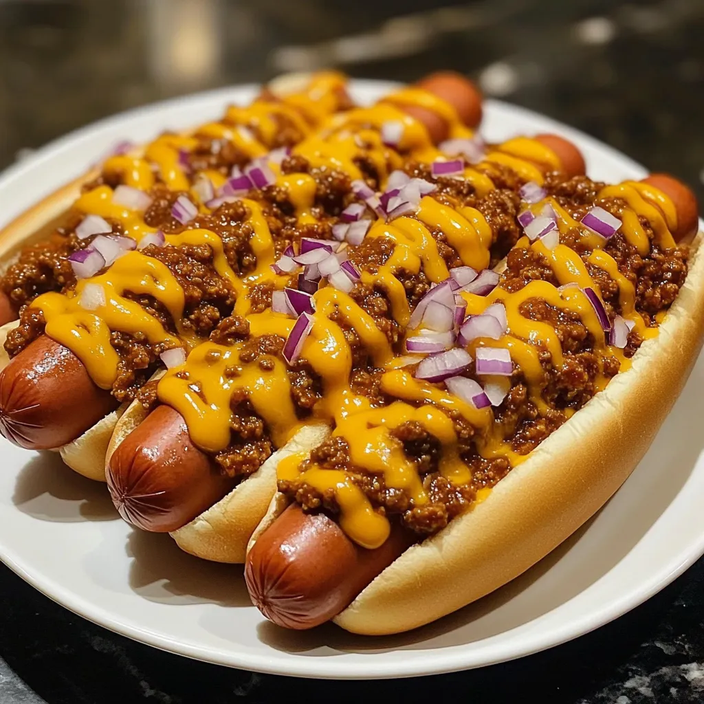 A plate of chili dogs with onions.