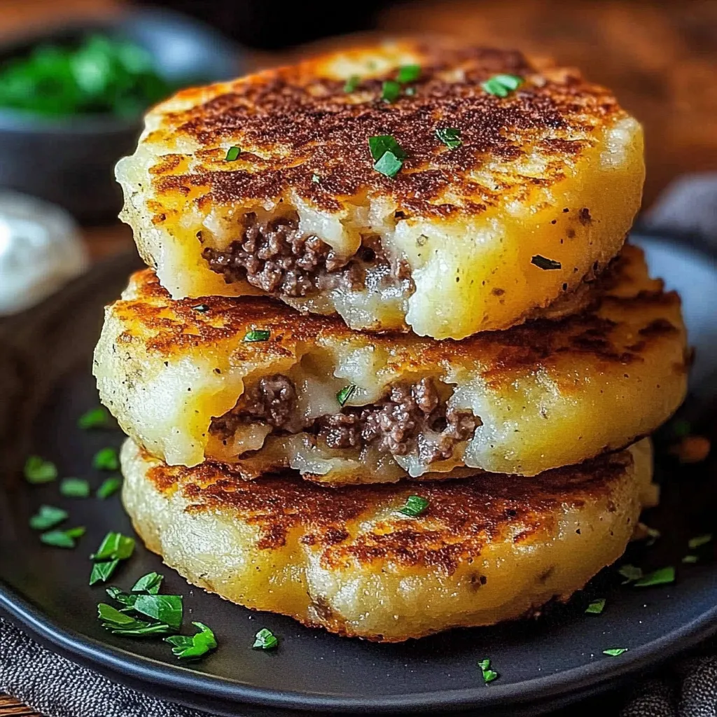 Three stacked pancakes with meat and cheese.