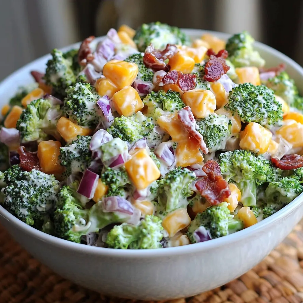 A bowl filled with broccoli topped with cheese and bacon.