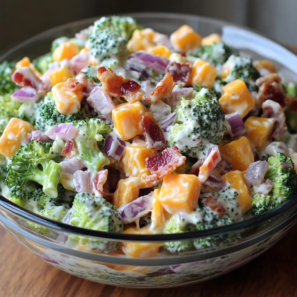 A bowl of food with broccoli and bacon.