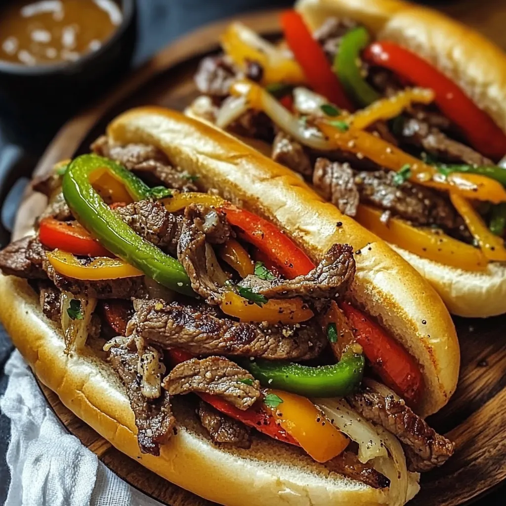 Two hoagie sandwiches stacked with sautéed peppers and onions.