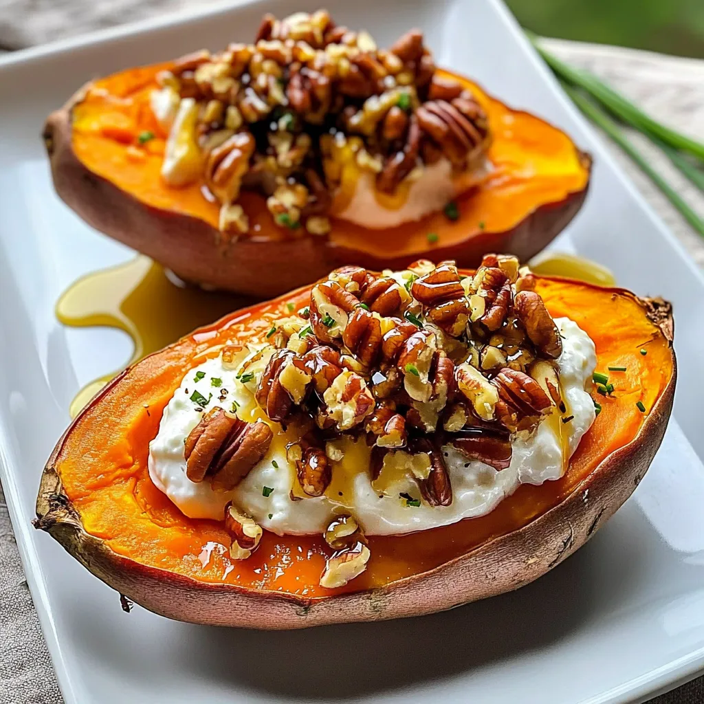 Two slices of roasted sweet potatoes with toppings.