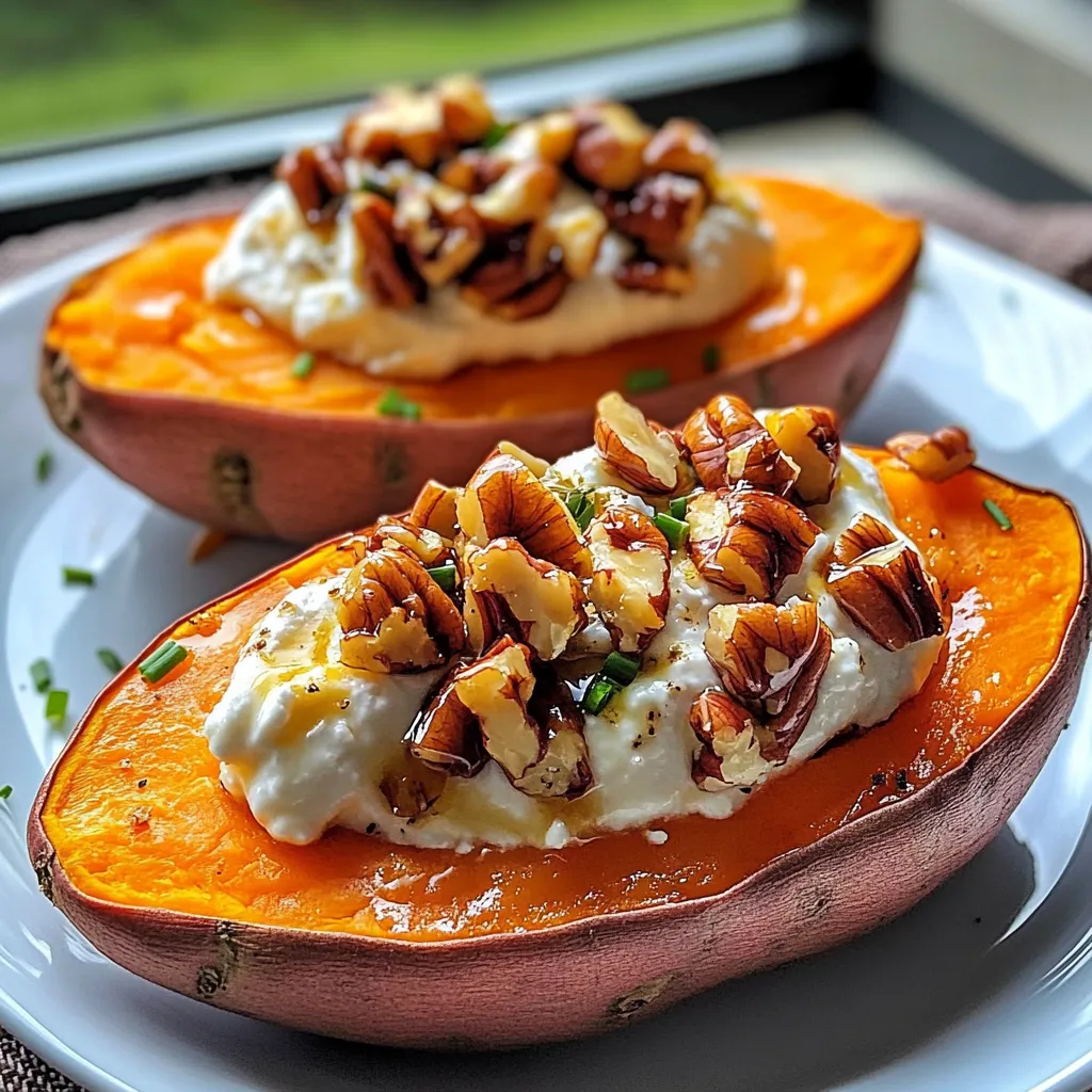 Two sliced pumpkins with white sauce and nuts on a plate.