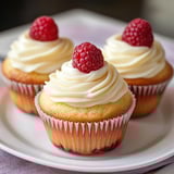 Two cupcakes topped with raspberries.