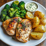 A meal featuring roasted chicken, broccoli, and potatoes.